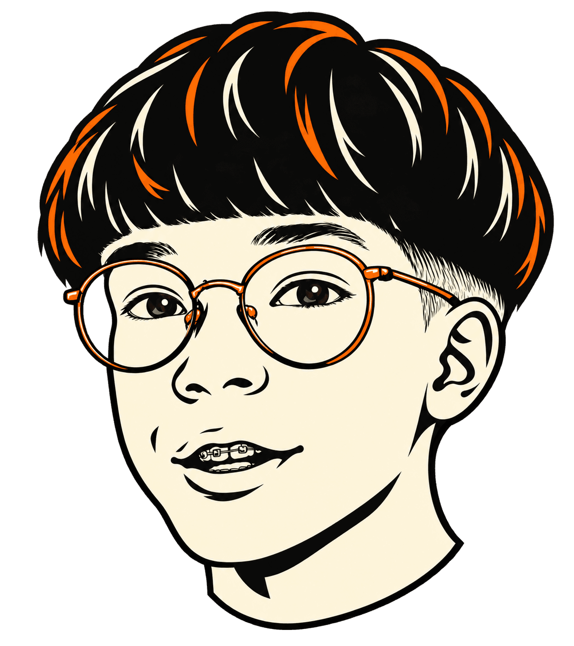SideSide bowl-cut character with orange glasses