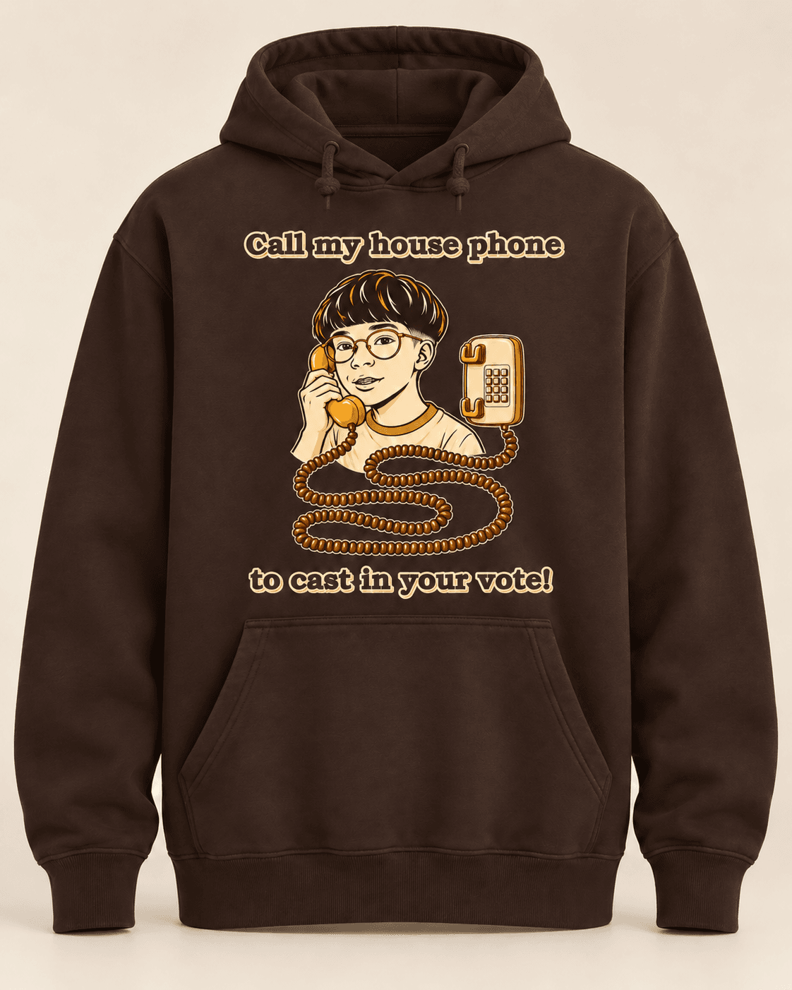 Brown house-phone hoodie concept mockup with the character holding the receiver