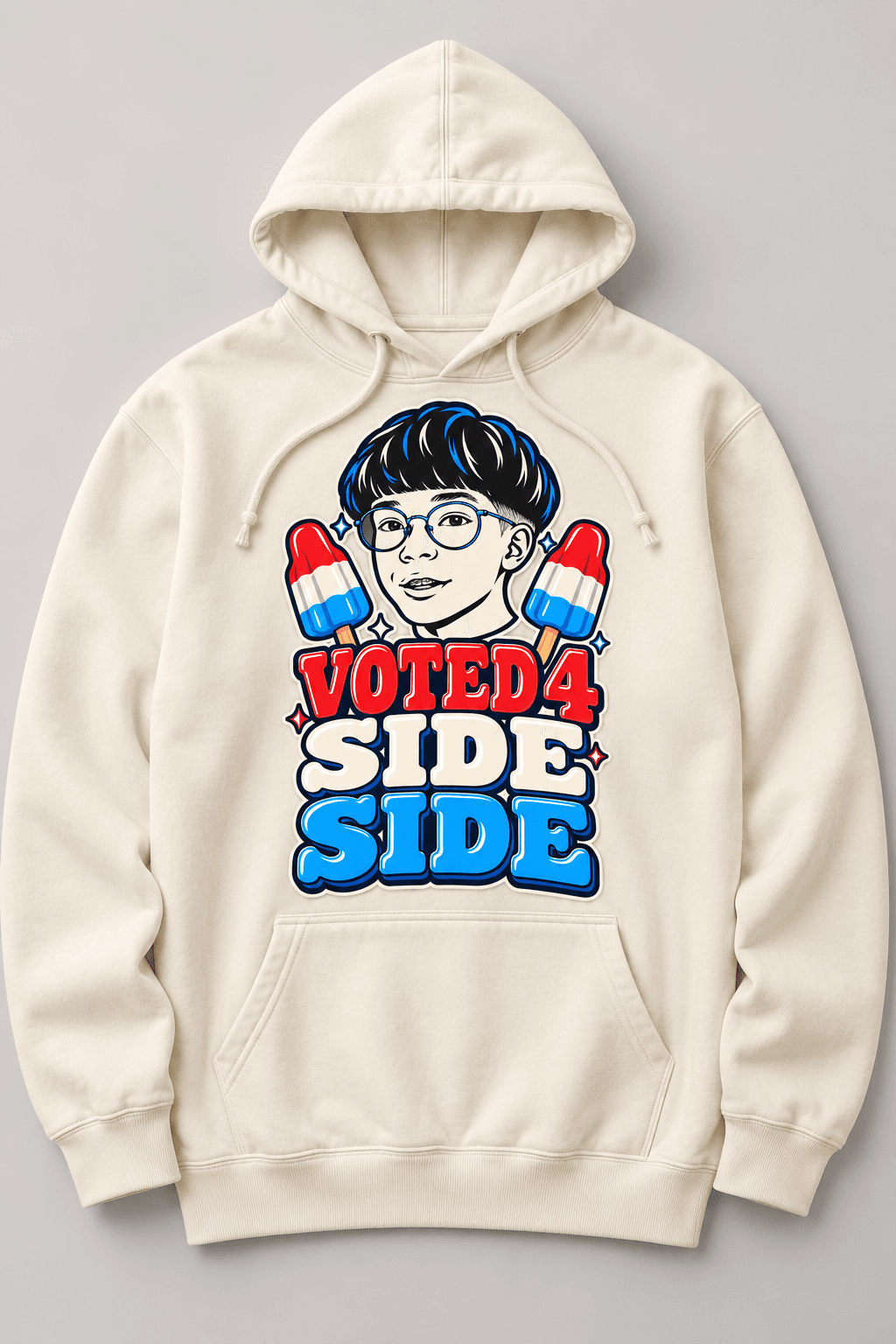 Rocket Pop Hoodie concept garment mockup with VOTED 4 SIDE SIDE