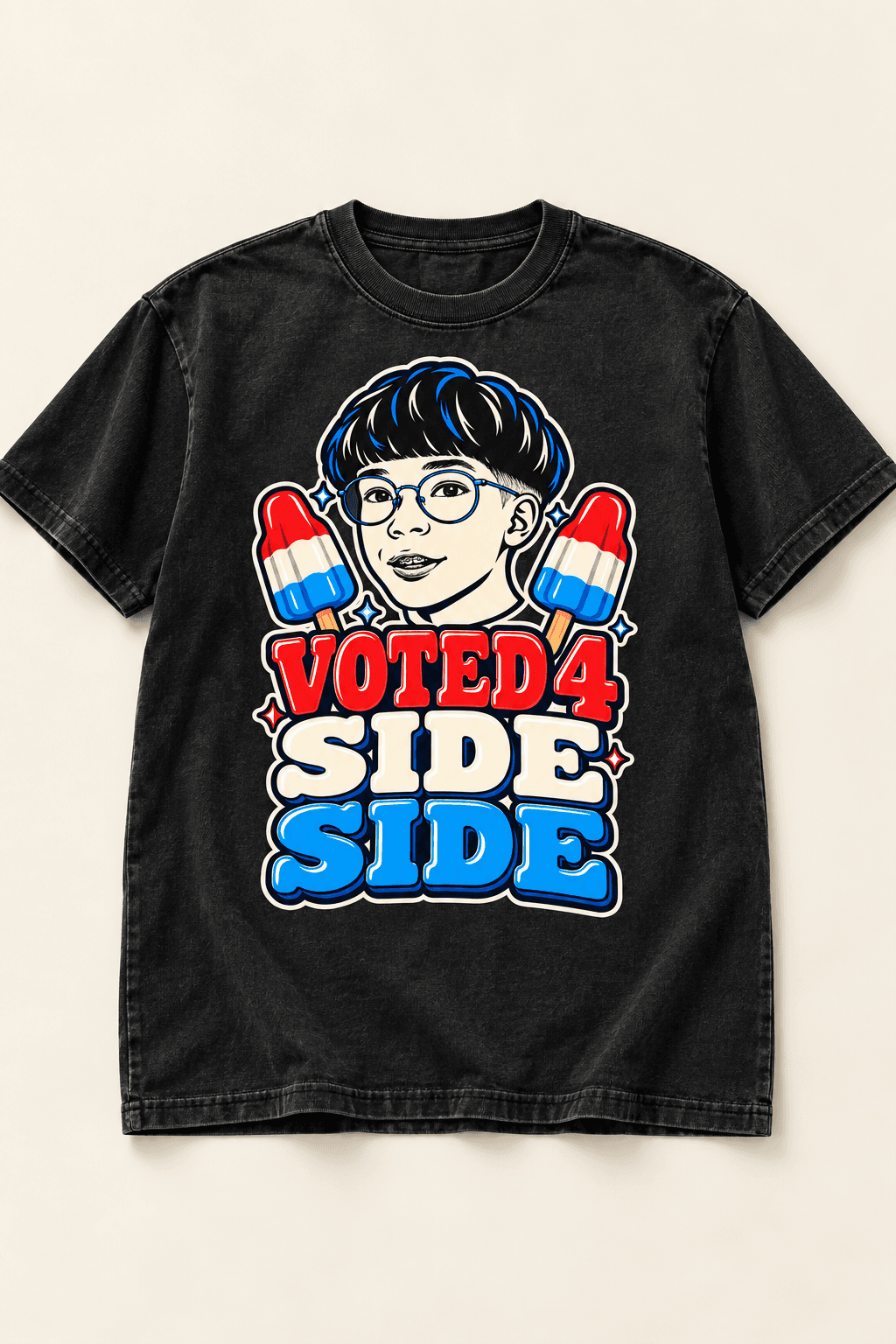 Rocket Pop Tee concept garment mockup with VOTED 4 SIDE SIDE
